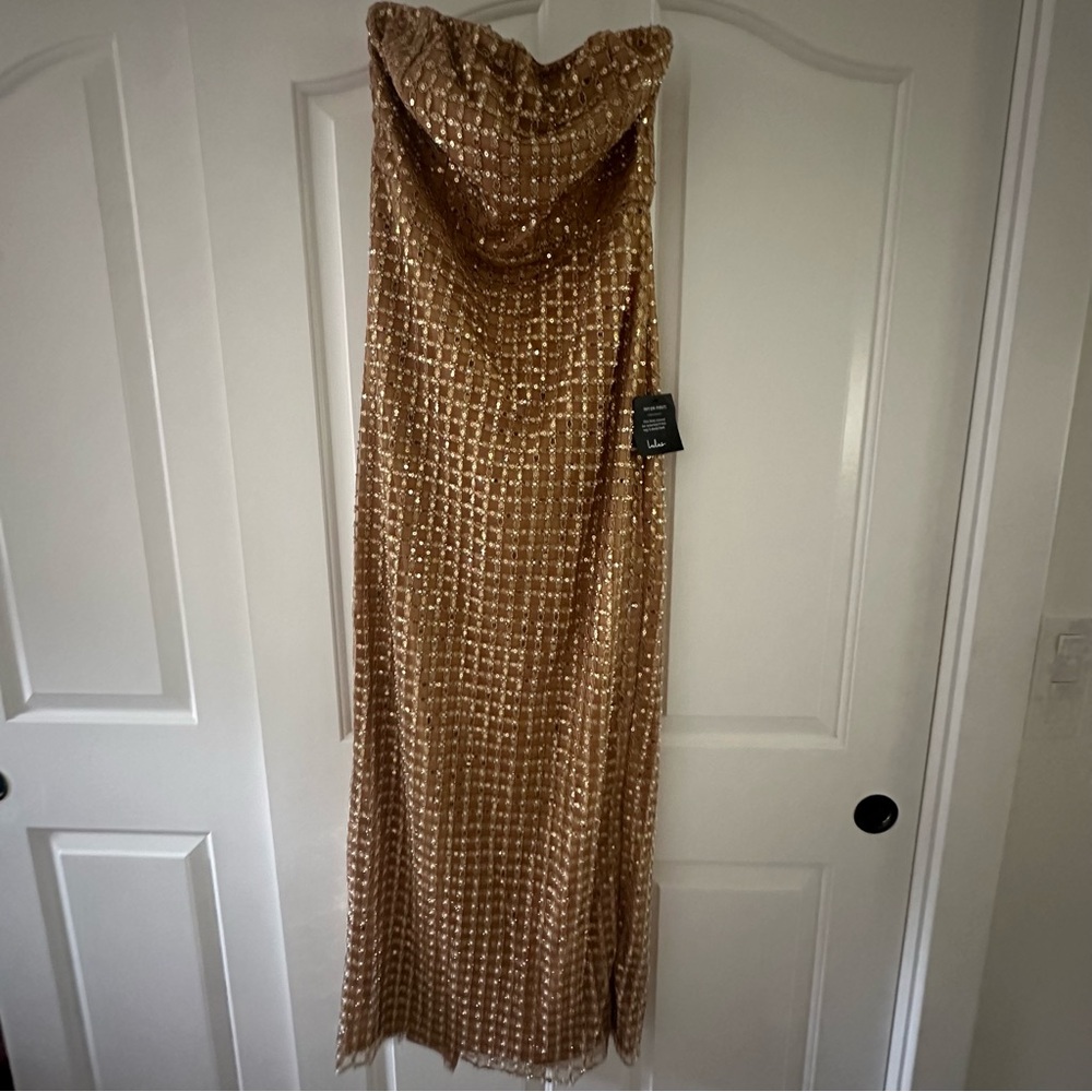 Lulus Gold Sequins/beaded Strapless Maxi Dress Size L